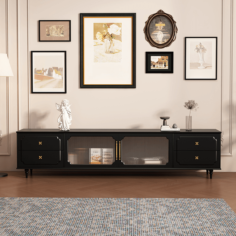 Black Art Deco Wooden TV Stand with Shelf, 4 Drawers, 2 Cabinets, and Cable Management thumbnail 1