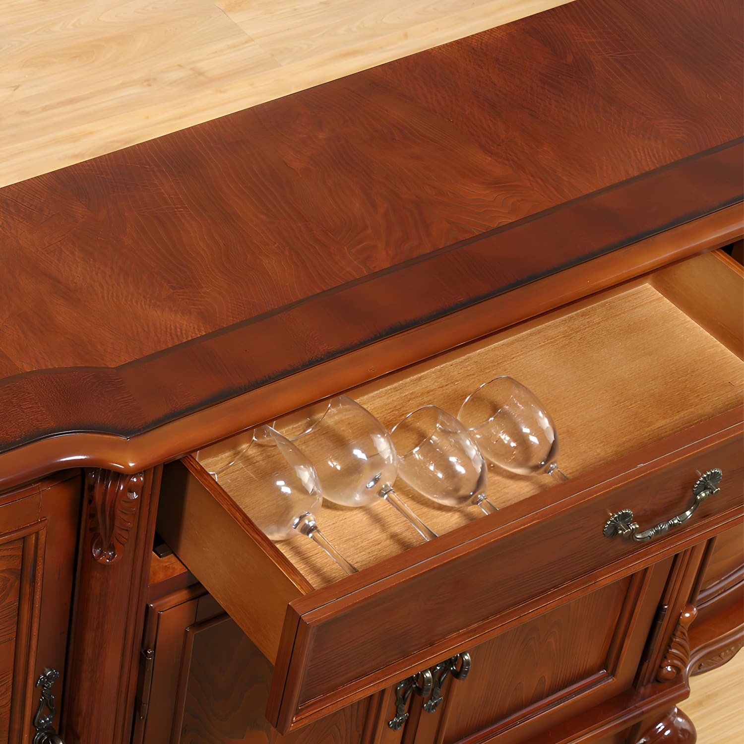 Traditional Style Wood Sideboard Credenza with 4 Cabinets and Drawers and 3 Interior Shelves thumbnail 5