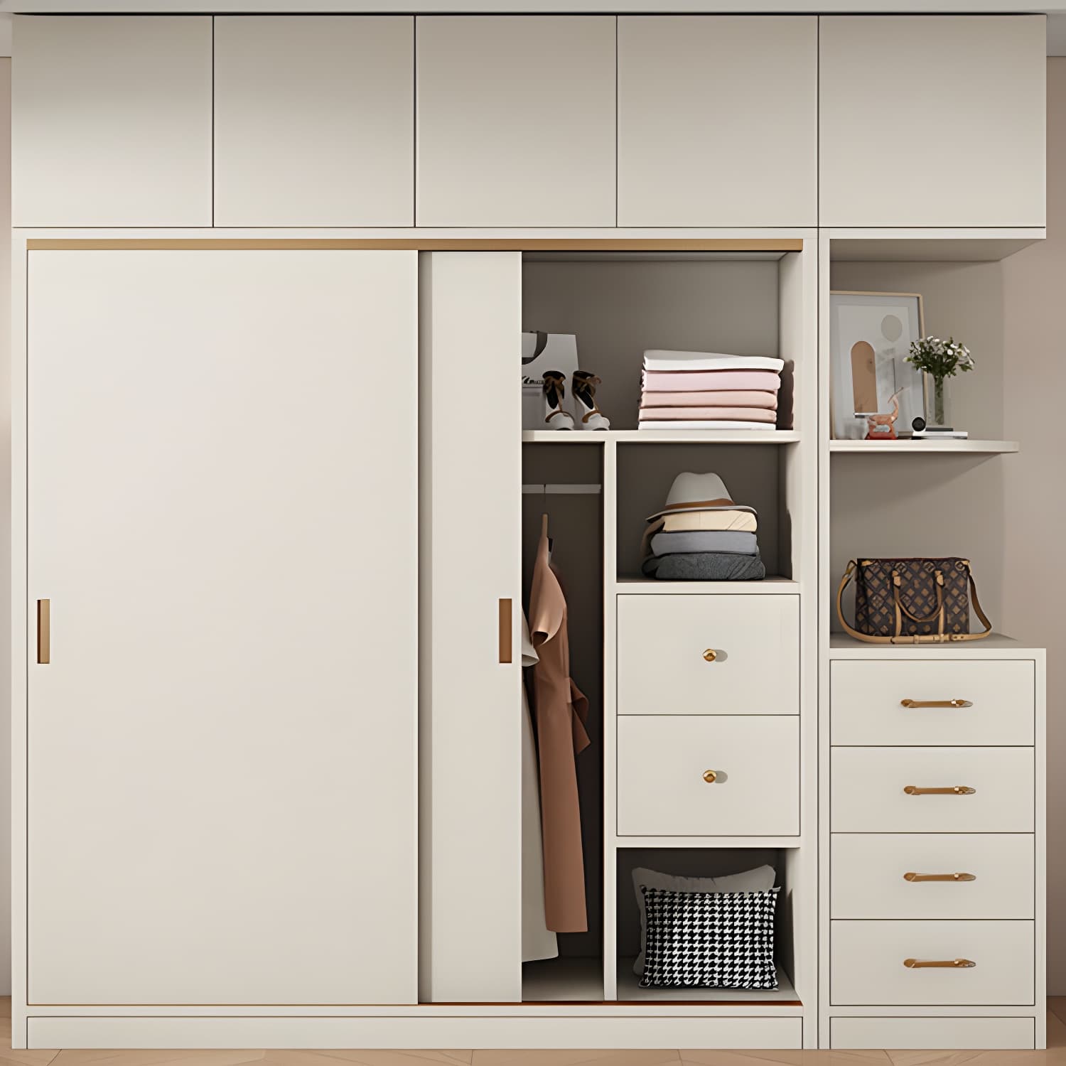 Modern White Wood Wardrobe Armoire with Sliding Doors and Soft Close Drawers thumbnail 1
