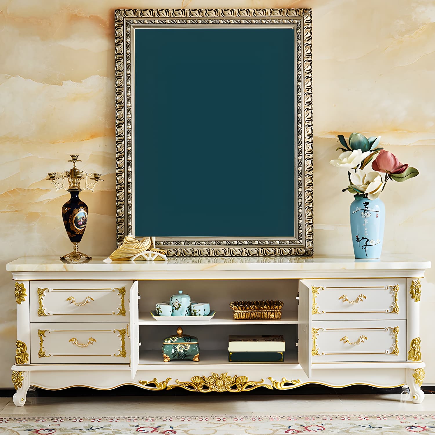 4 Drawers Contemporary Media Console Wood White TV Stand Console thumbnail 3