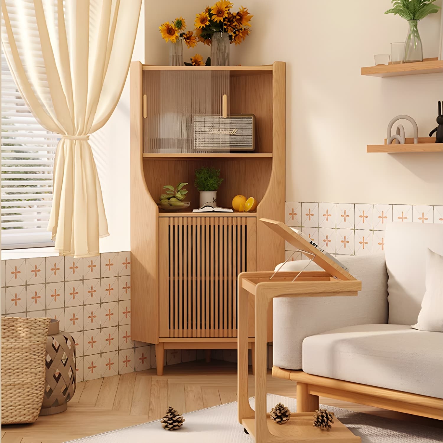 Corner Scandinavian Accent Cabinet with Wood Counter Top and Glass Doors, 2 Exterior Shelves thumbnail 15