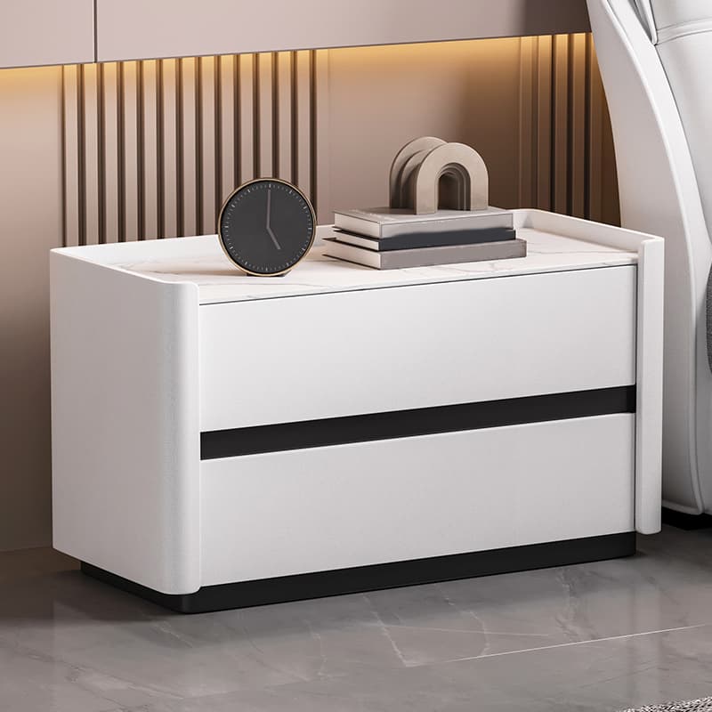 Modern Faux Leather Nightstand with 2 Drawers in Stone Countertop thumbnail 10