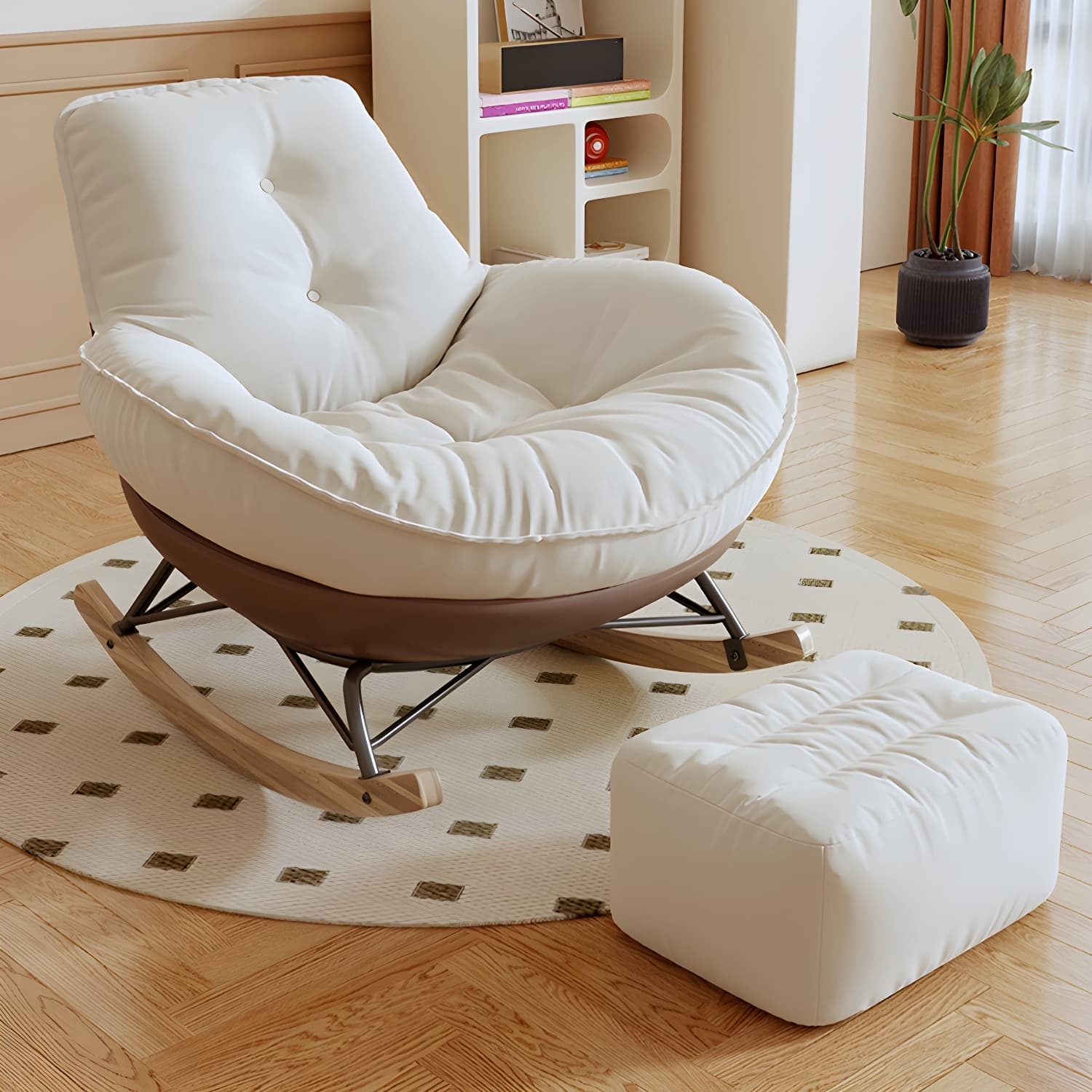 Indoor Contemporary Rocking Chair with Beige Upholstered and Wood Legs thumbnail 14