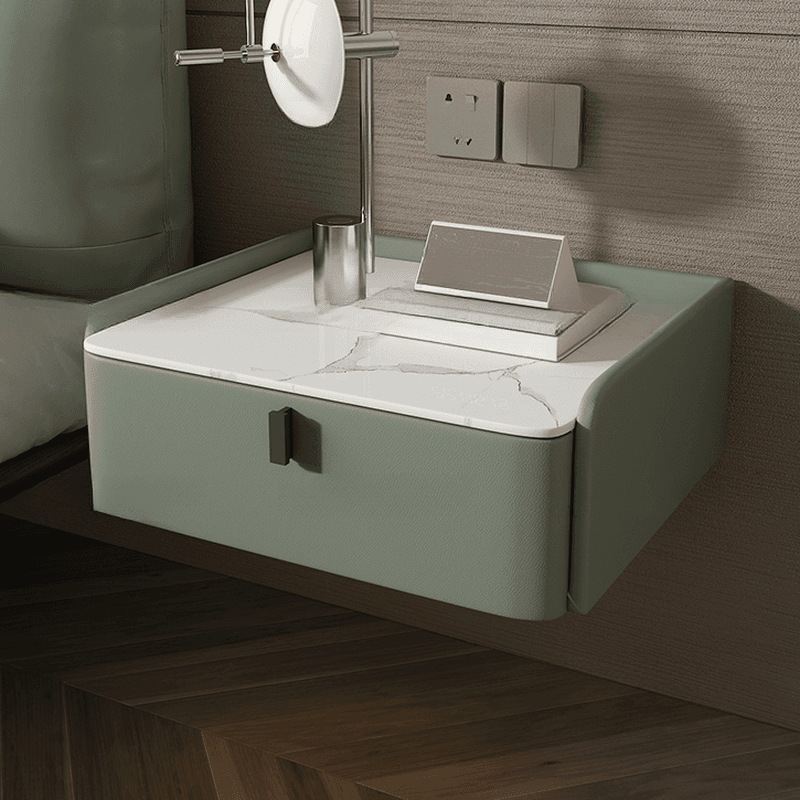 Organic Modern Bedside Cabinet Nightstand with 1 Drawer, Stone Countertop, and Hanging Shelf thumbnail 6