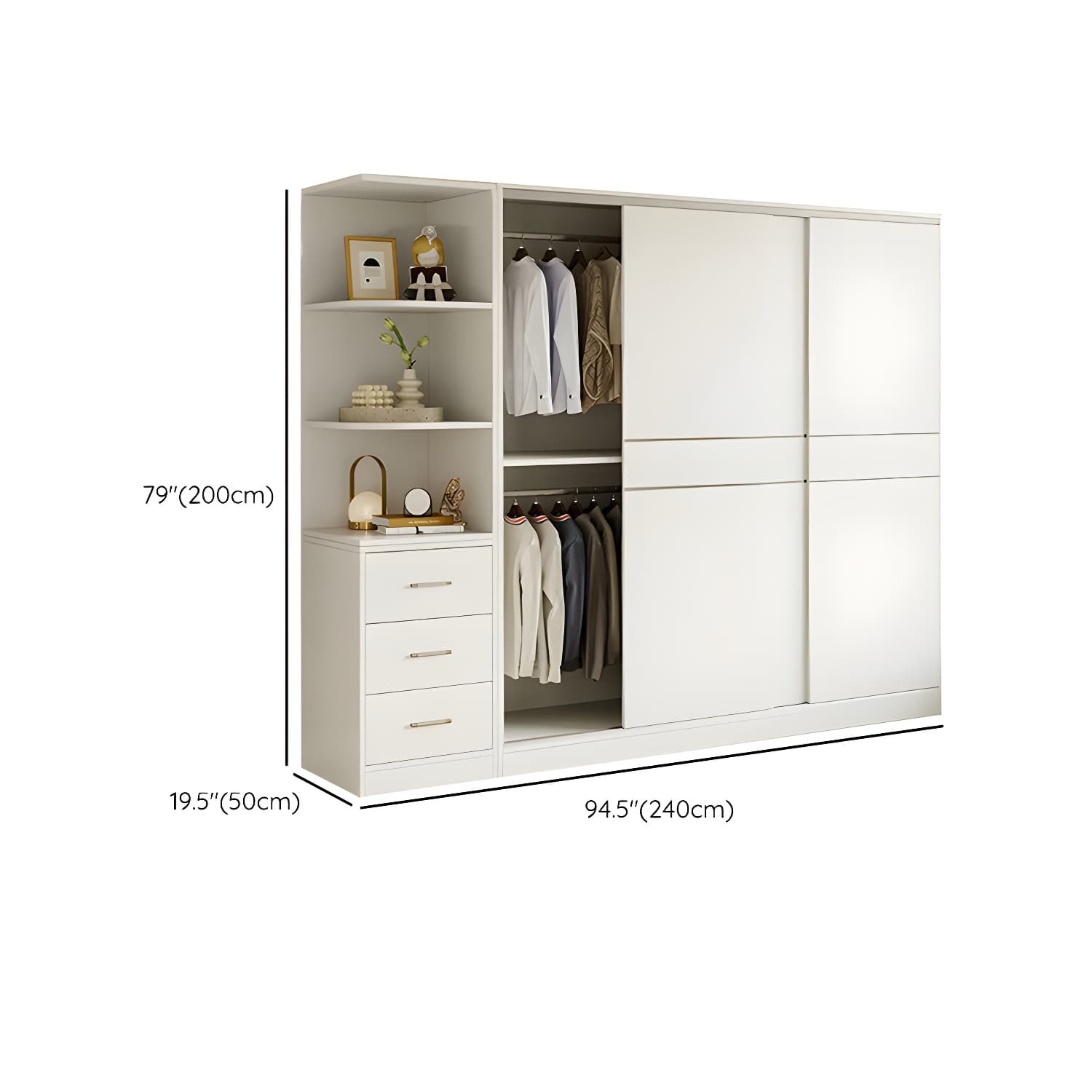 Modern White Wood Wardrobe Armoire with Sliding Doors, Shelves, and Soft Close Drawers thumbnail 30
