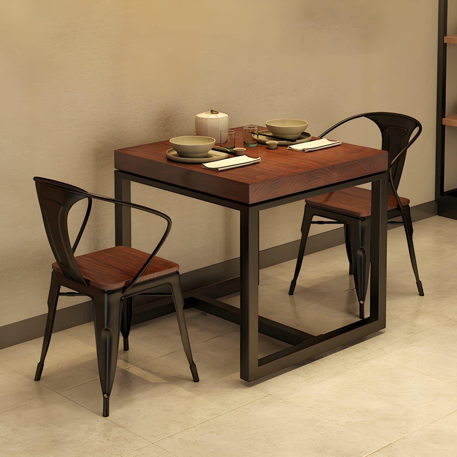 Solid Wood Top Dining Table Industrial Square Black Iron Trestle Base Table thumbnail 10