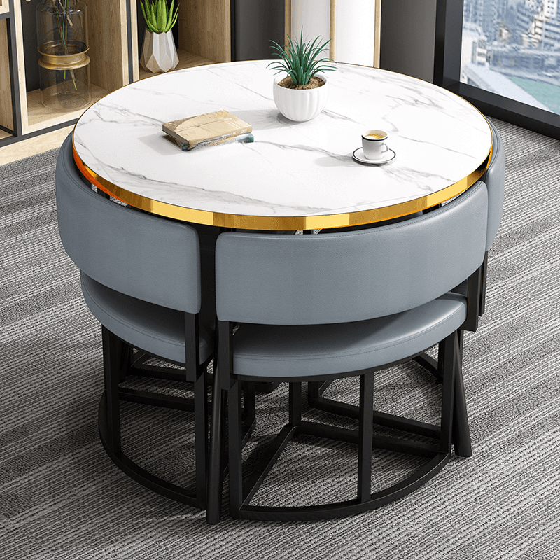 Art Deco Circular-shaped Upholstered Chair Metal & Faux Wood Dining Table Set with Upholstered Back in White, 5 Pieces thumbnail 4