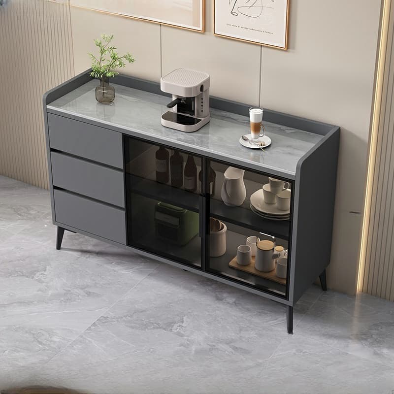 Stone Top Modern Wood Sideboard Credenza with 3 Drawers and Glass Doors