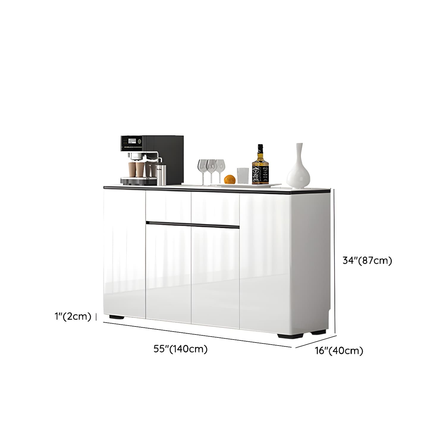 Modern White Sideboard with Glass Countertop, Cabinets, and Drawers thumbnail 12