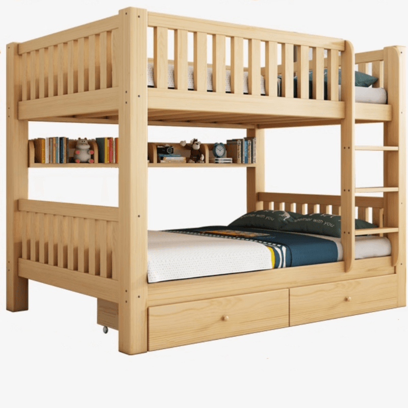 Timber Wood Color Bunk Bed with 2 Storage Boxes, Safety Guardrail & Compartment Bedroom thumbnail 10