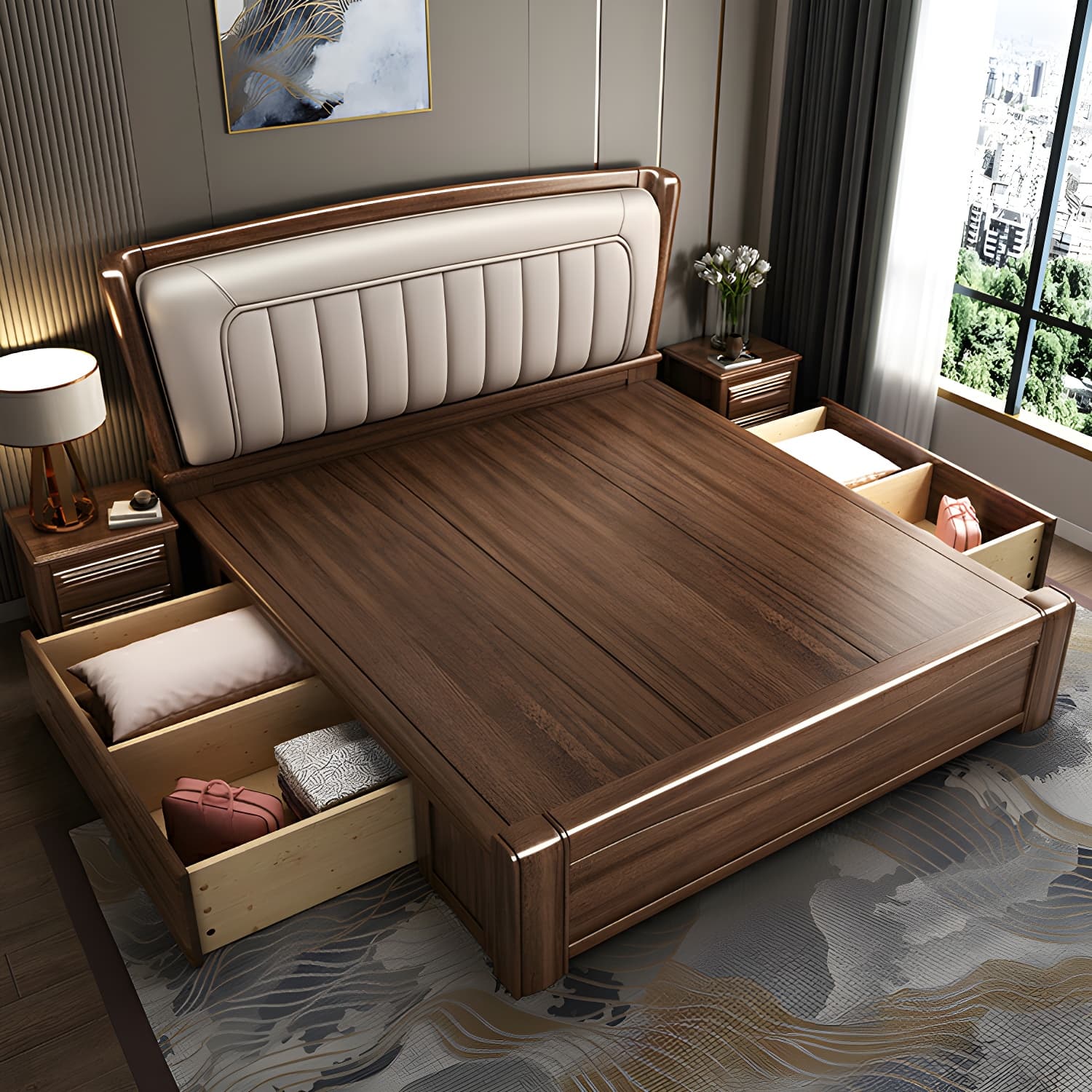 Traditional Walnut Wood Brown Bed with Rectangular Upholstered Headboard for Bedroom thumbnail 2