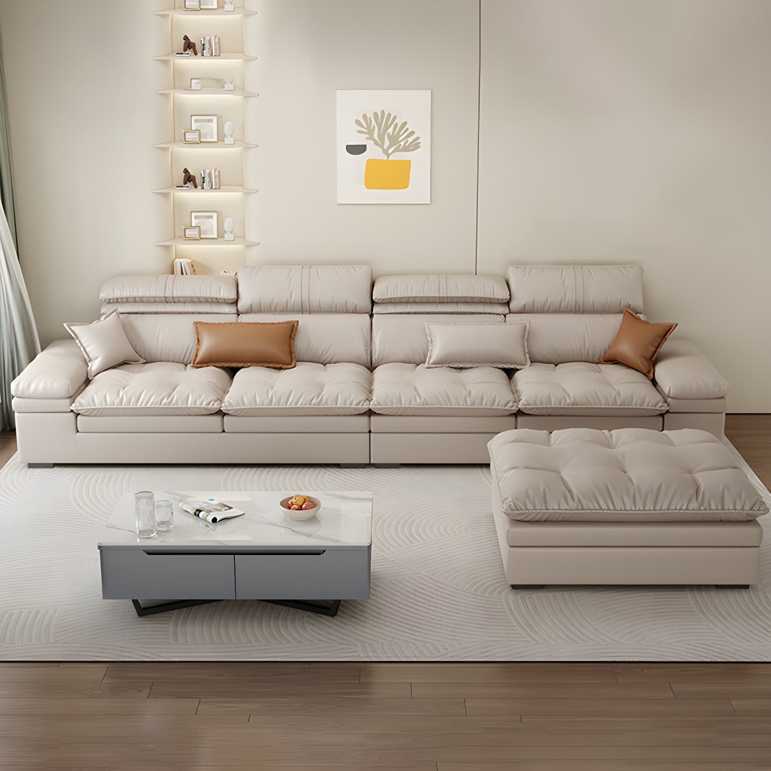 Modern Beige Faux Leather Stationary Sectional Sofa with Adjustable Headrest and Wood Frame thumbnail 3