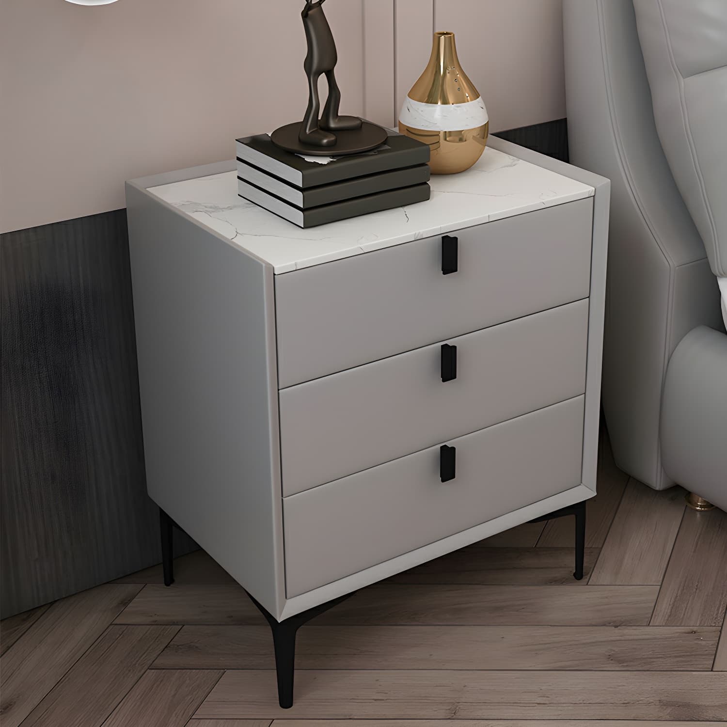 Glam Style Sintered Stone Top 3 Drawers Nightstand for Bedroom thumbnail 7