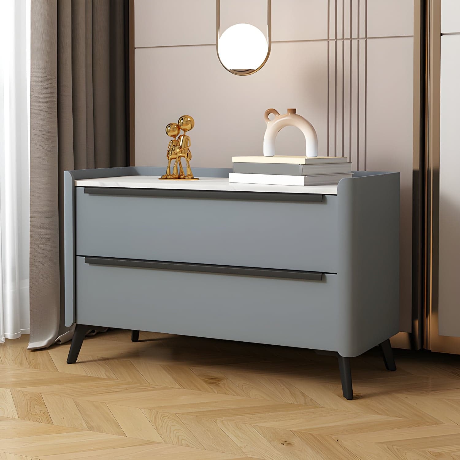 Modern Faux Leather Top Nightstand with Two Drawers and Stone Countertop thumbnail 3