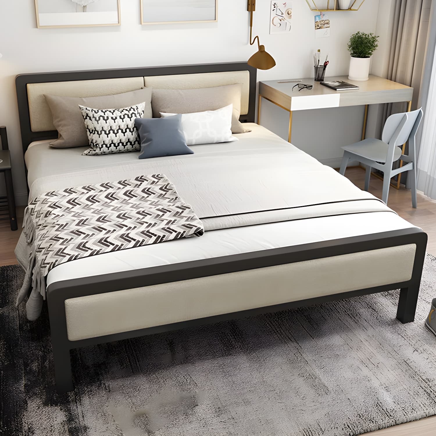 Contemporary Metal Standard Bed, Panel Rectangular Headboard Bed thumbnail 1