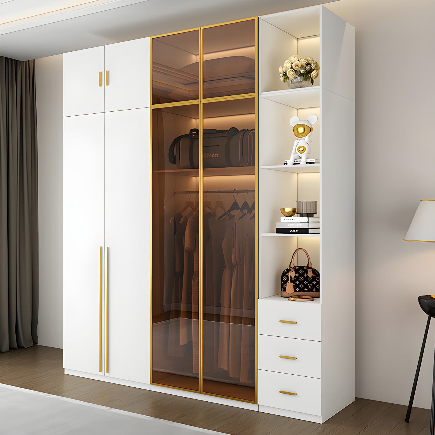 Modern White Wood Frame Wardrobe Armoire Freestanding Wardrobe with Soft Close Drawers thumbnail 3