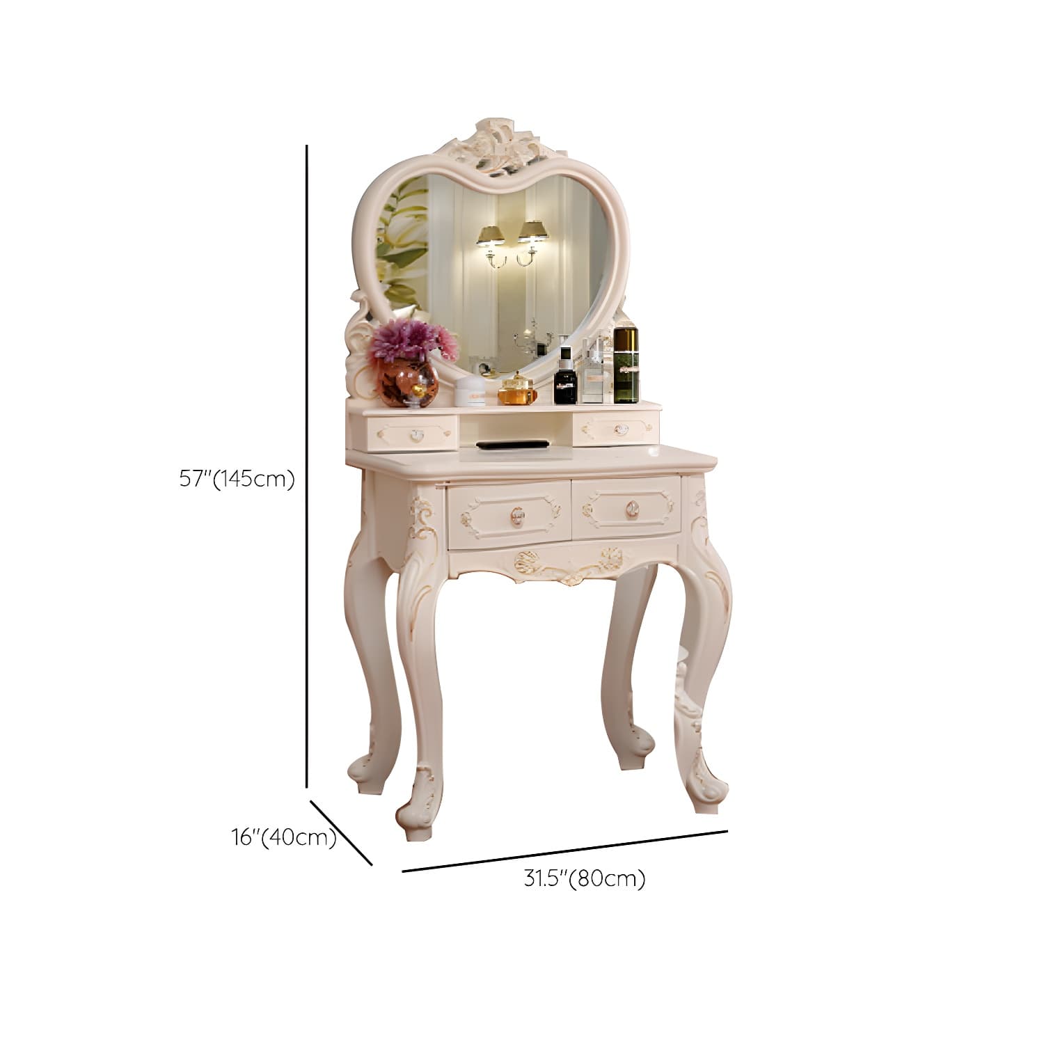 Victorian Bedroom With Drawer Mirror Solid Wood Makeup Vanity Set thumbnail 19