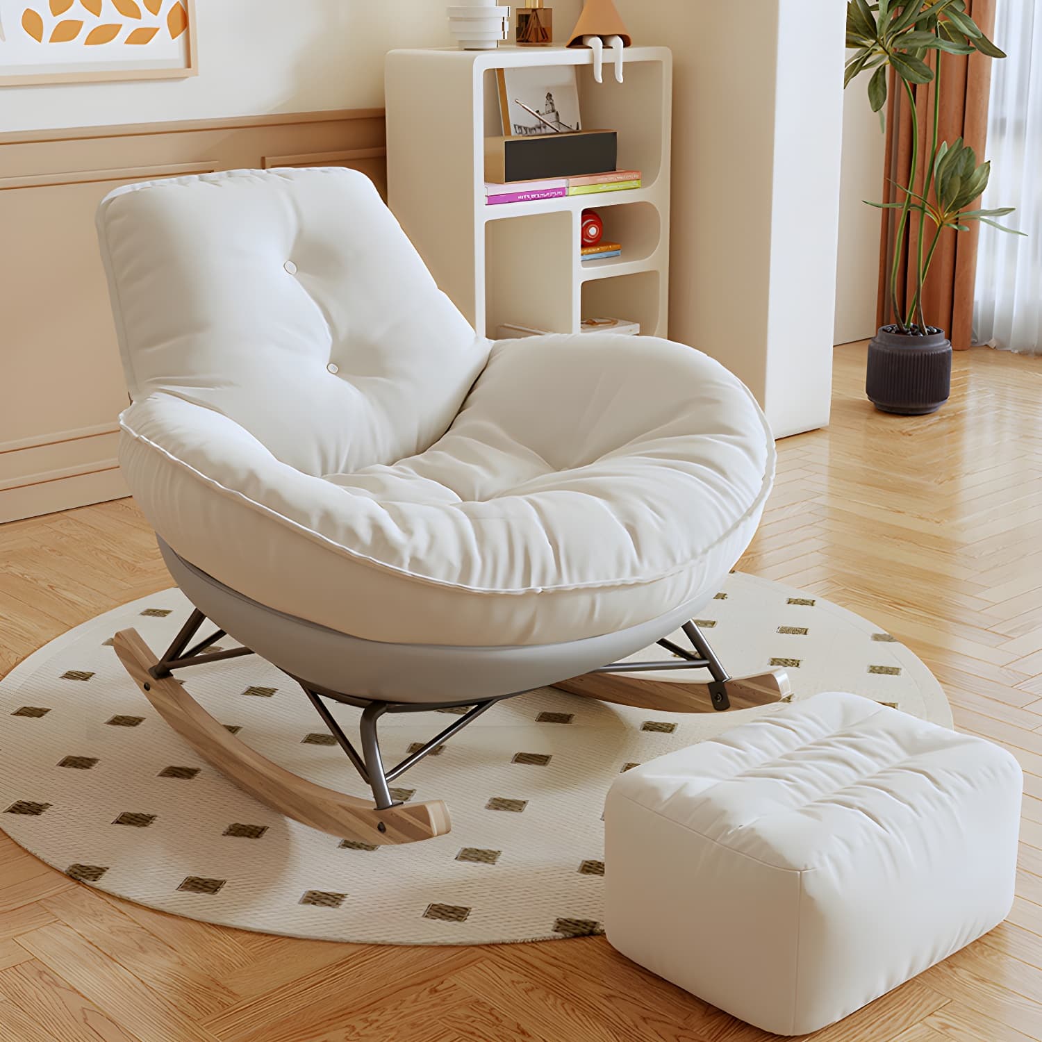 Indoor Contemporary Rocking Chair with Beige Upholstered and Wood Legs thumbnail 20