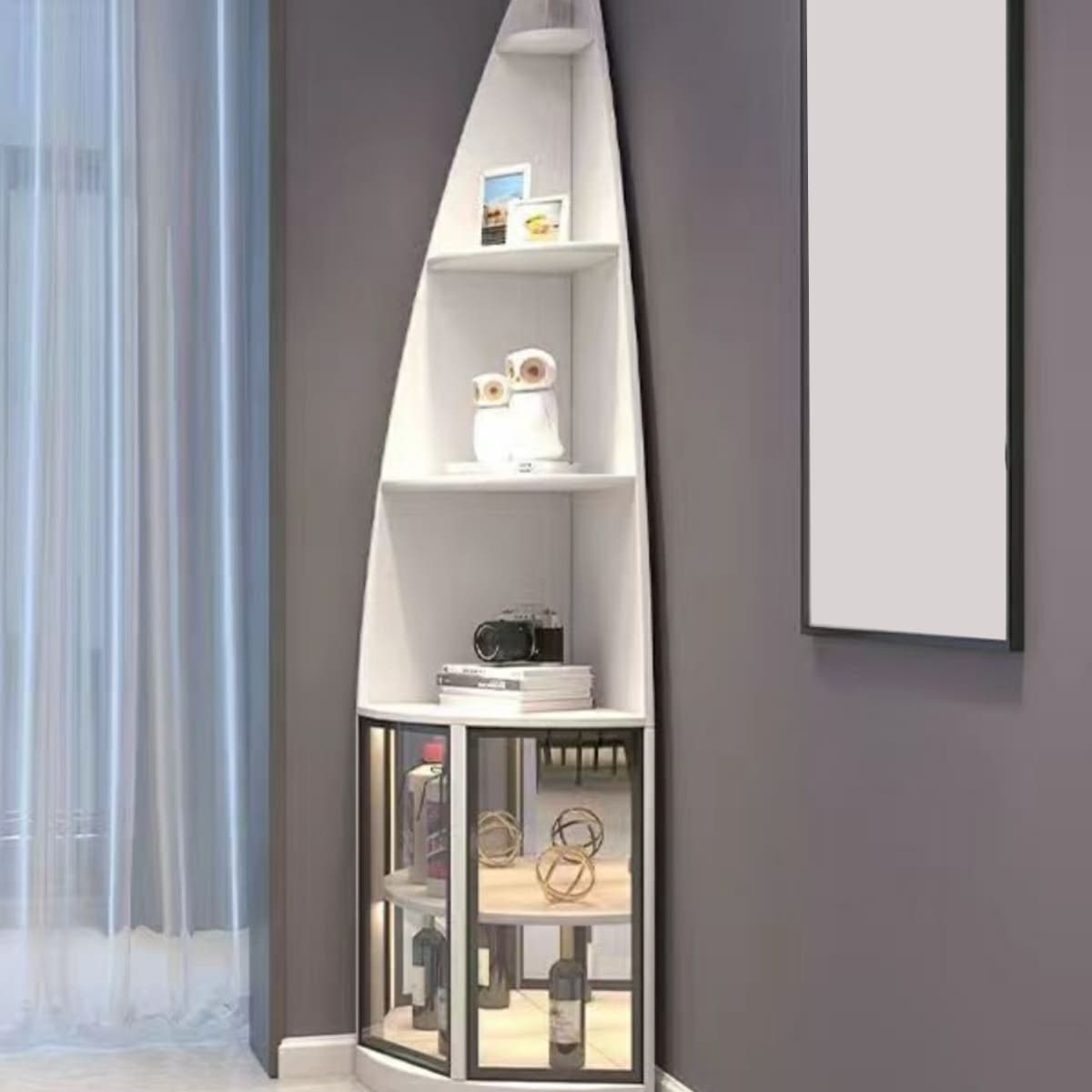 Corner Modern Cabinet with Wood Counter Top and 4 Exterior Shelves thumbnail 4