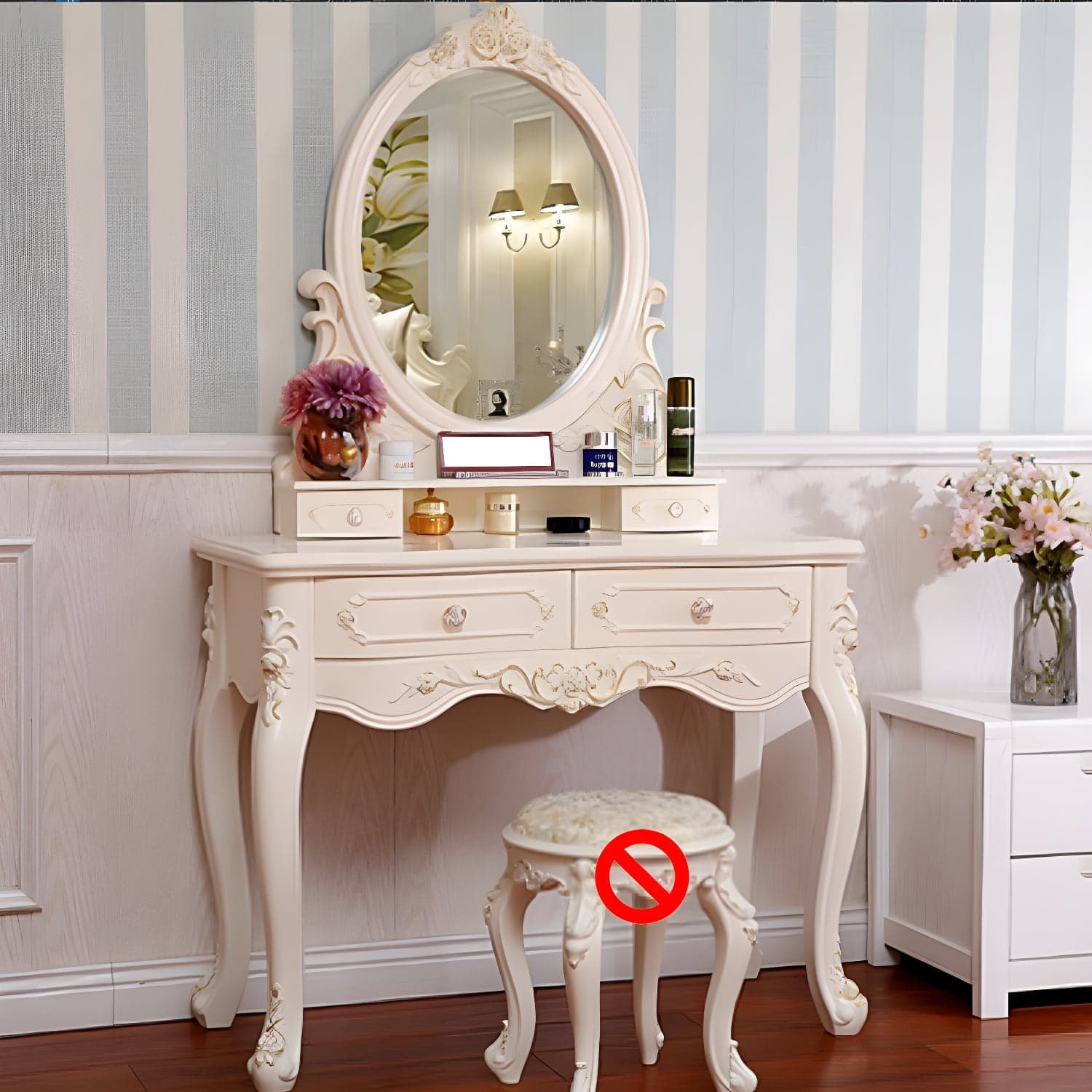 Victorian Bedroom With Drawer Mirror Solid Wood Makeup Vanity Set thumbnail 1