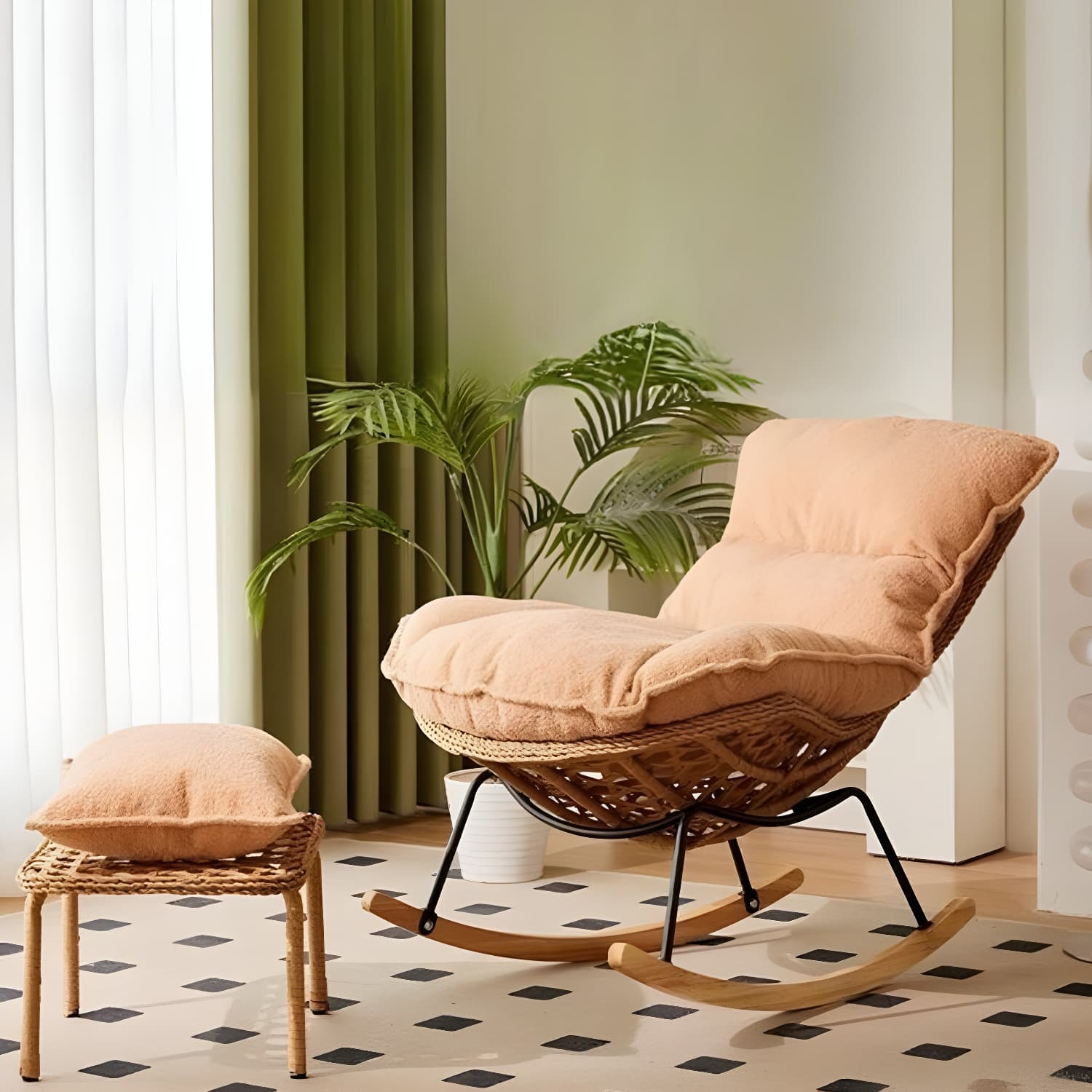 Traditional Armless Design Indoor Rocking Chair with rattan Frame and Nature Wood Legs thumbnail 19