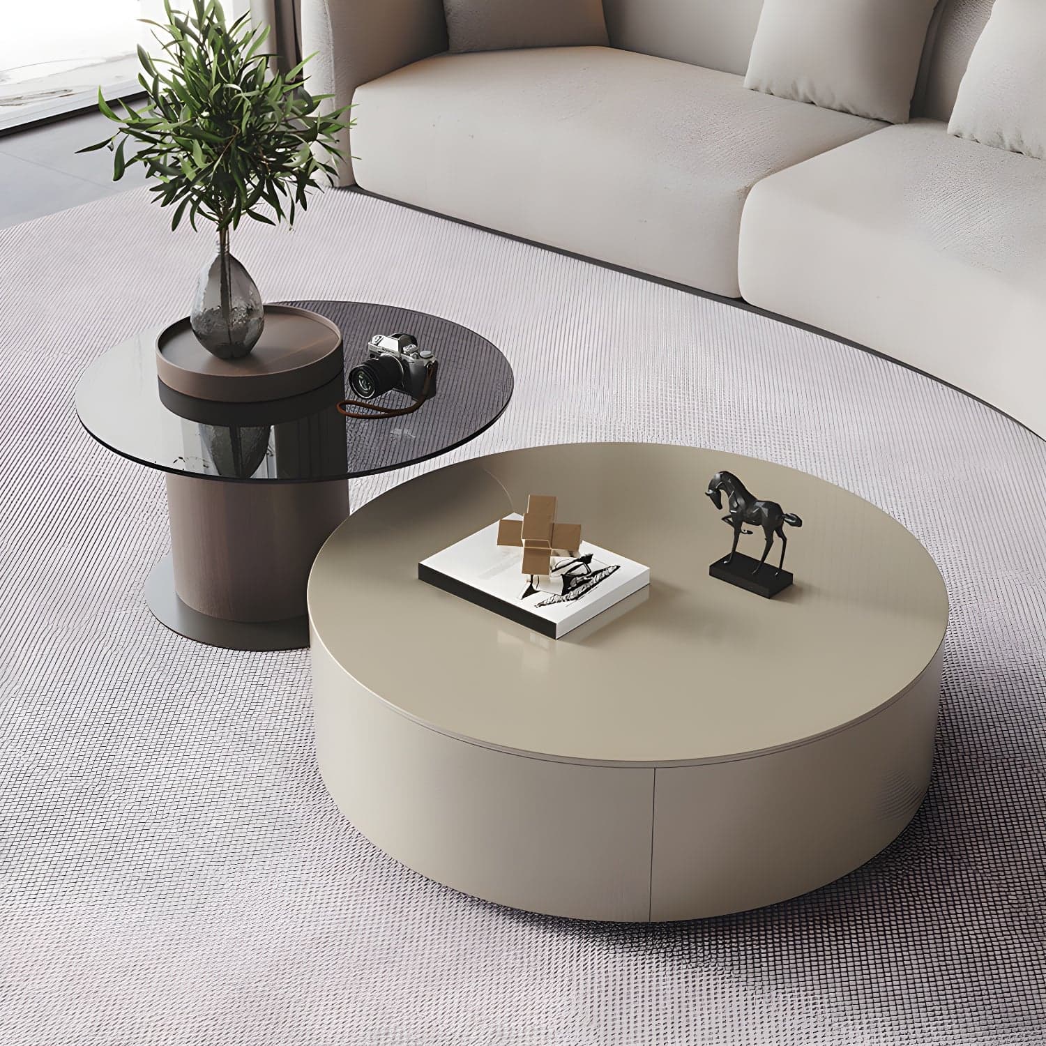 11"H Contemporary Coffee Table Round Coffee Cocktail Table with Drawer thumbnail 4
