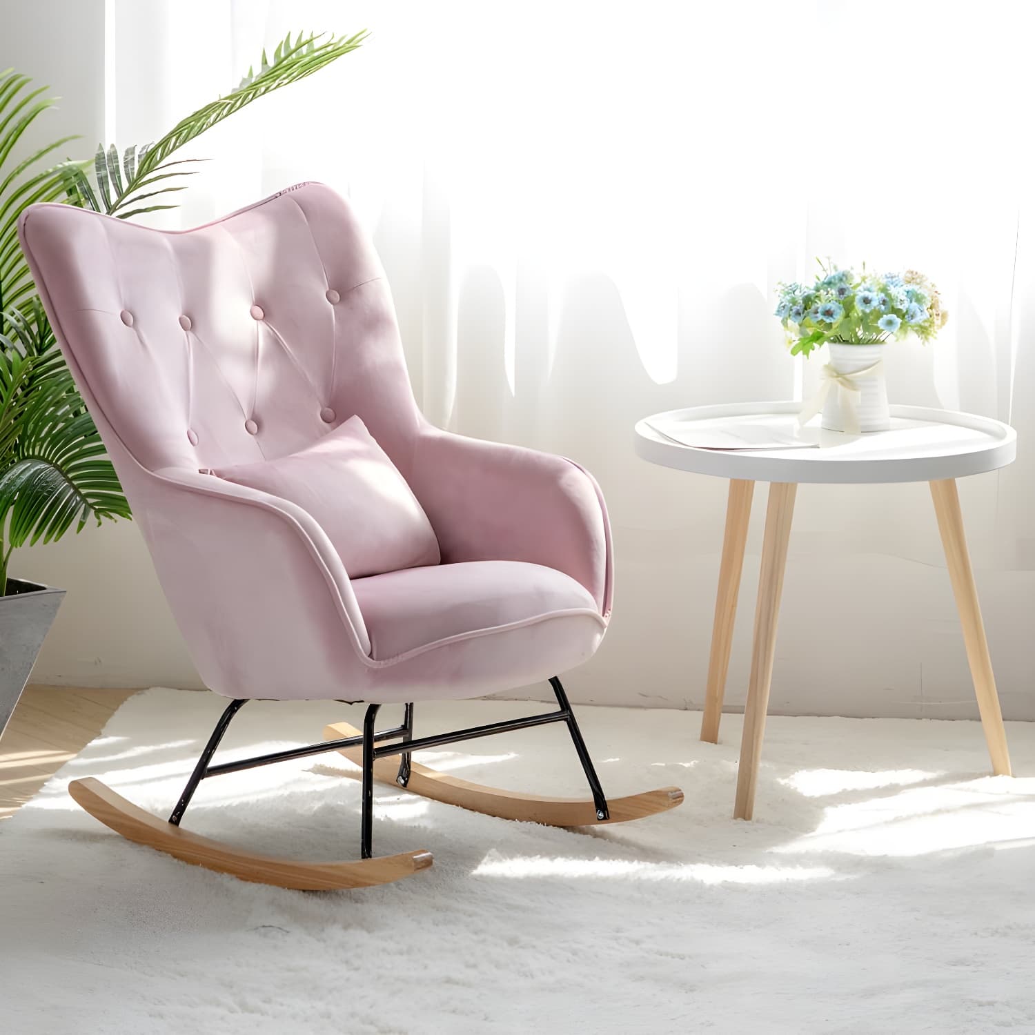 Scandinavian Rocking Chair with Wing Back and Wood Legs, Pillow Included thumbnail 10