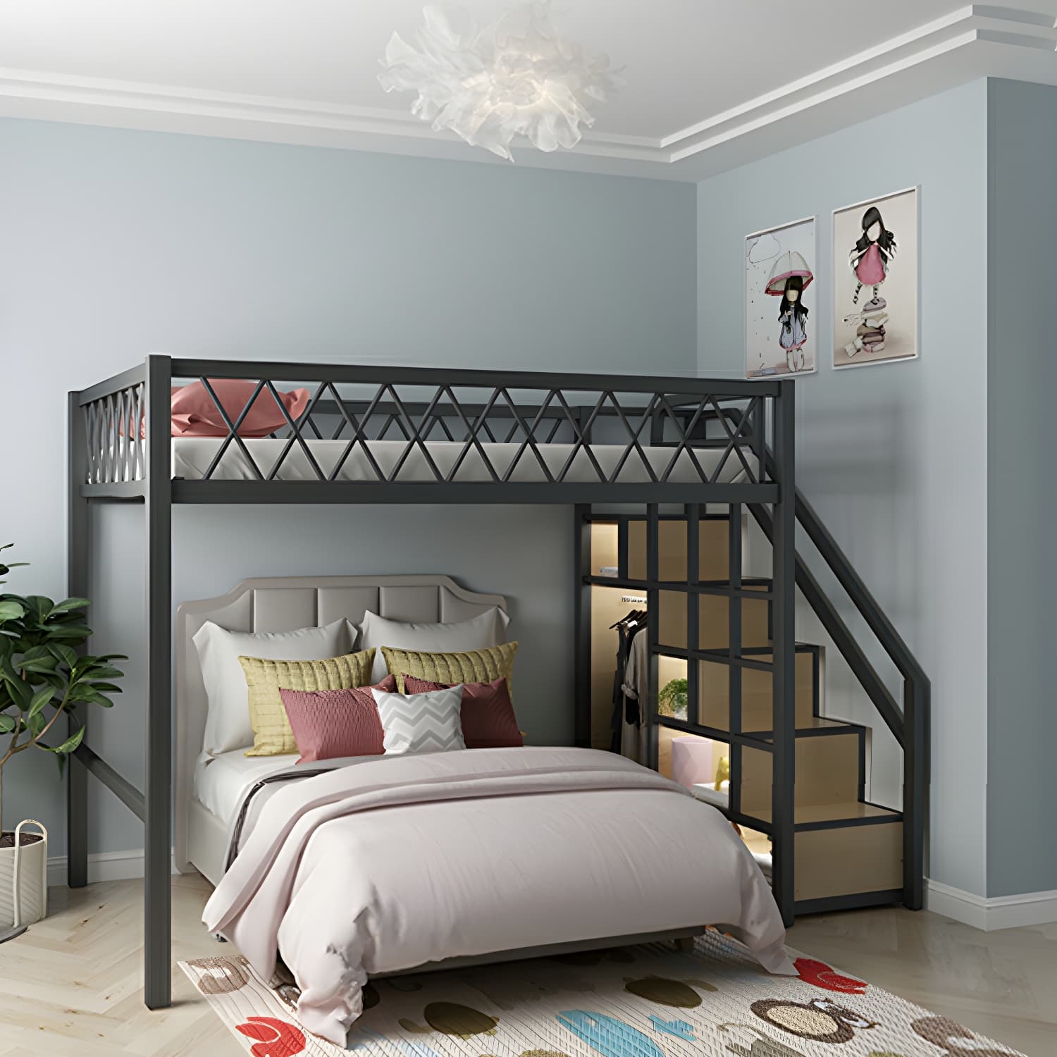 Modern Wood/Metal Bed with Light Wood Tone & Tall Clearance Storage Cabinets thumbnail 6