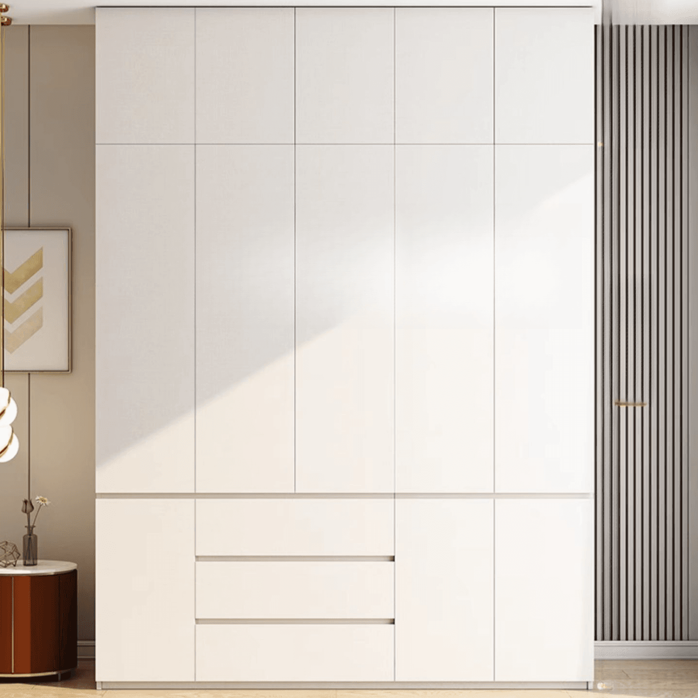 Minimalist Chalk Wooden Cabinet Armoire with Soft Close Drawer, Soft Close Door, Interior Shelves, and Clothing Rod thumbnail 2