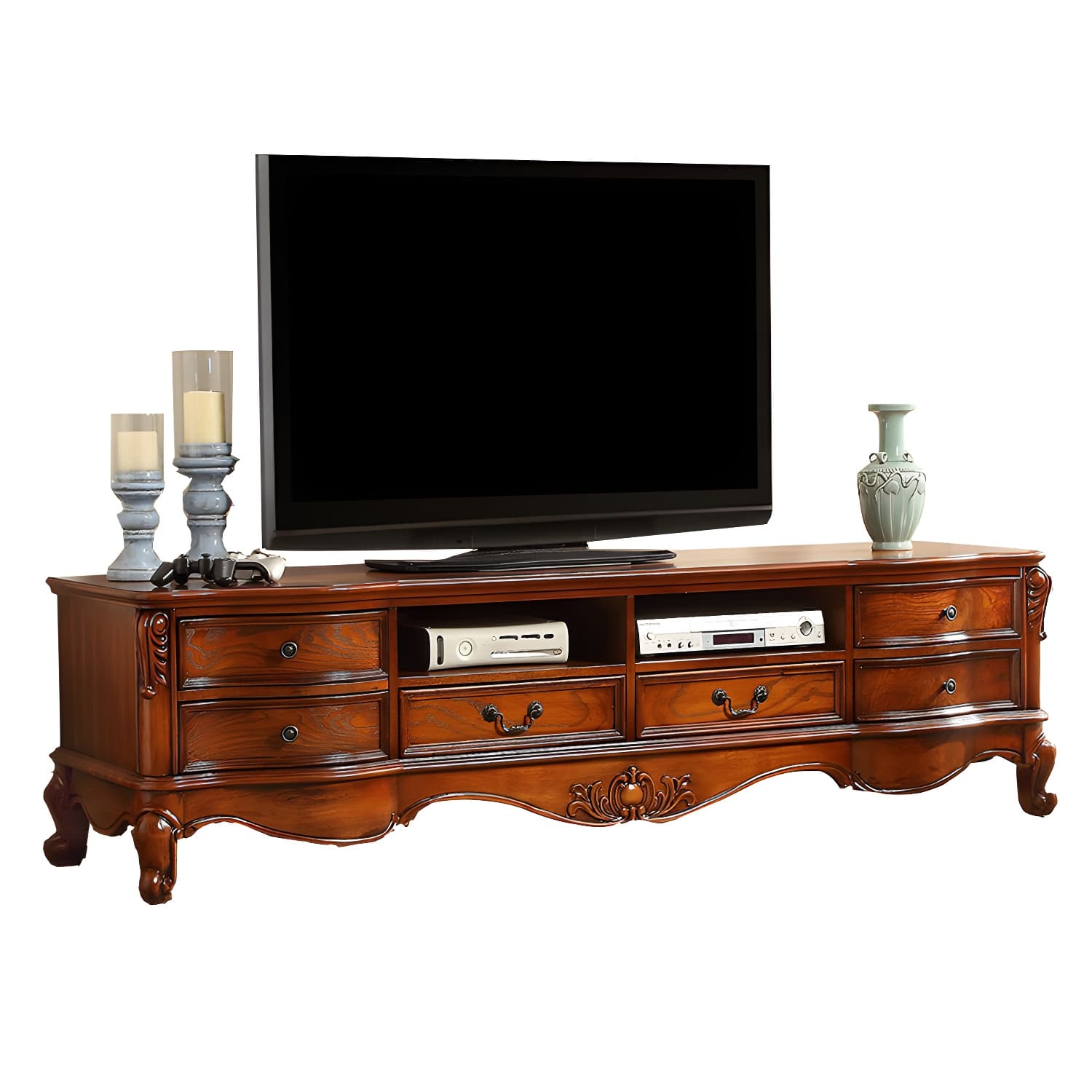 Brown Wooden TV Stand Console Traditional Style Home TV Cabinet with Drawers thumbnail 5