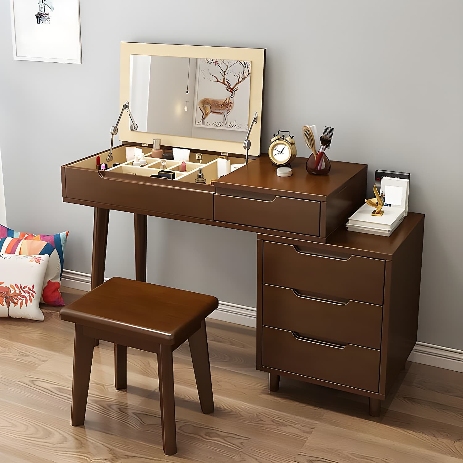 Solid Wood 1/4-Drawer Vanity Makeup Table with Mirror and Stool - 17.72" D thumbnail 7