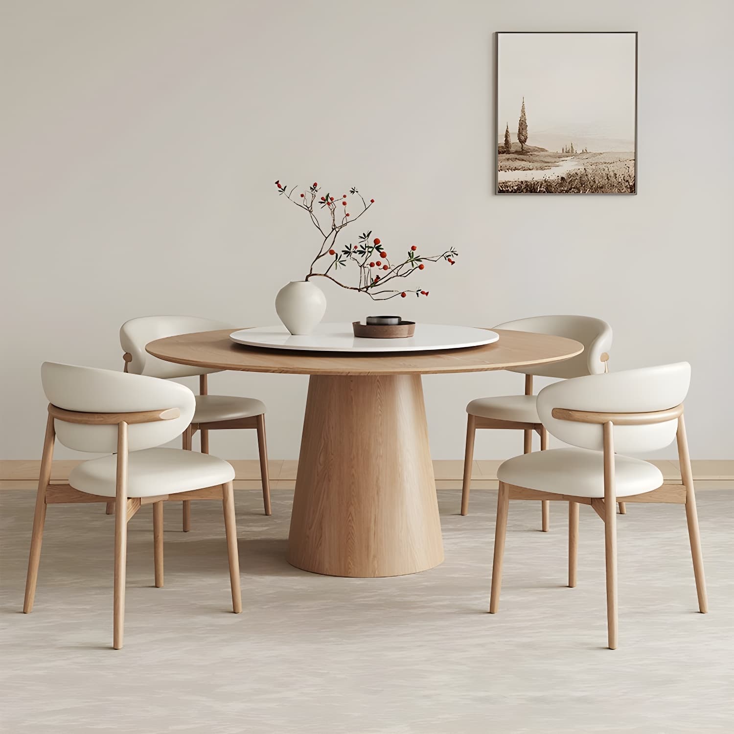 Solid Wood Round Top Dining Table Set with Cushioned Chair for Home thumbnail 1
