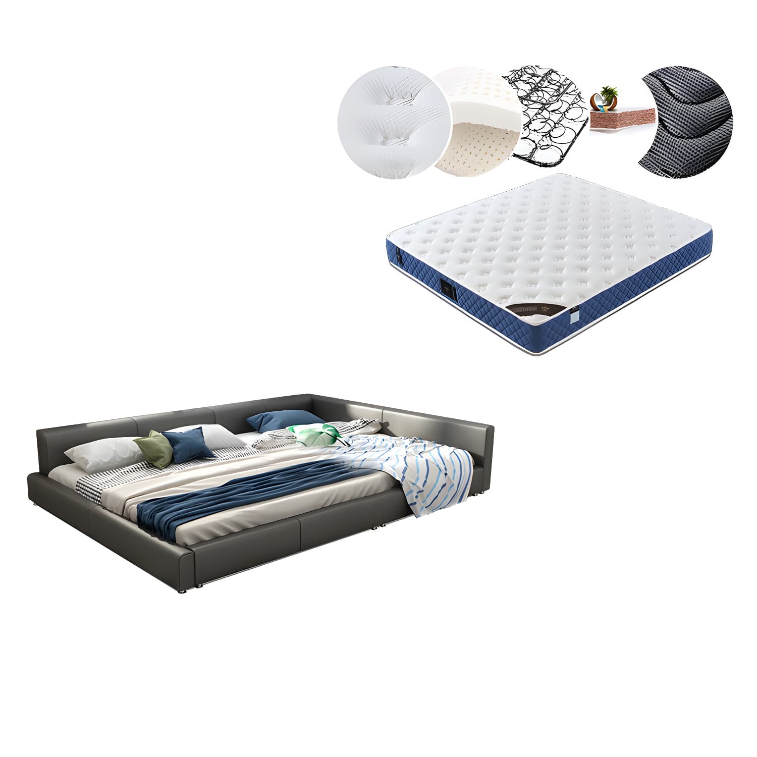 Contemporary Grey Genuine Leather and Wood Standard Bed for Bedroom thumbnail 7