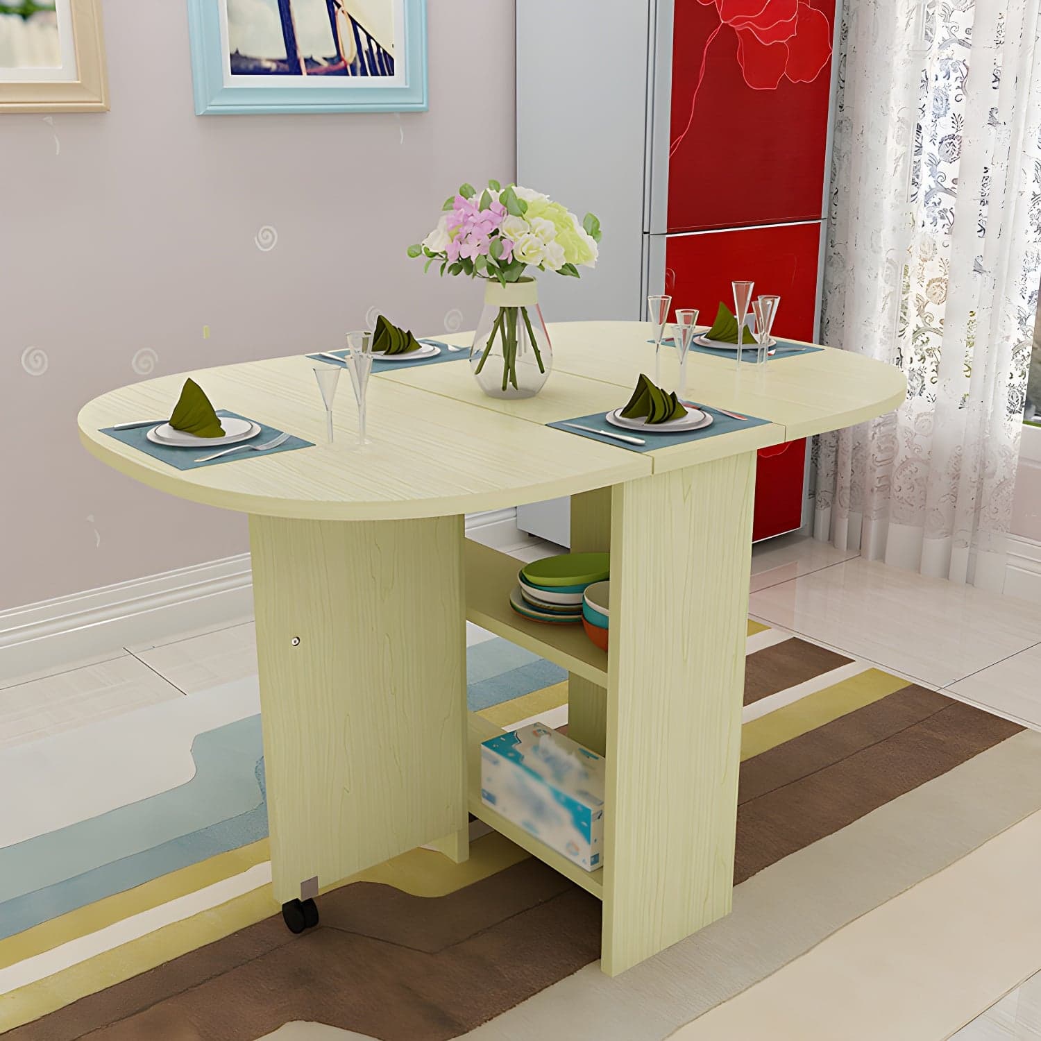 Solid Wood Mid-Century Modern Table Oval Solid Wood Top Table with Drop Leaf thumbnail 2