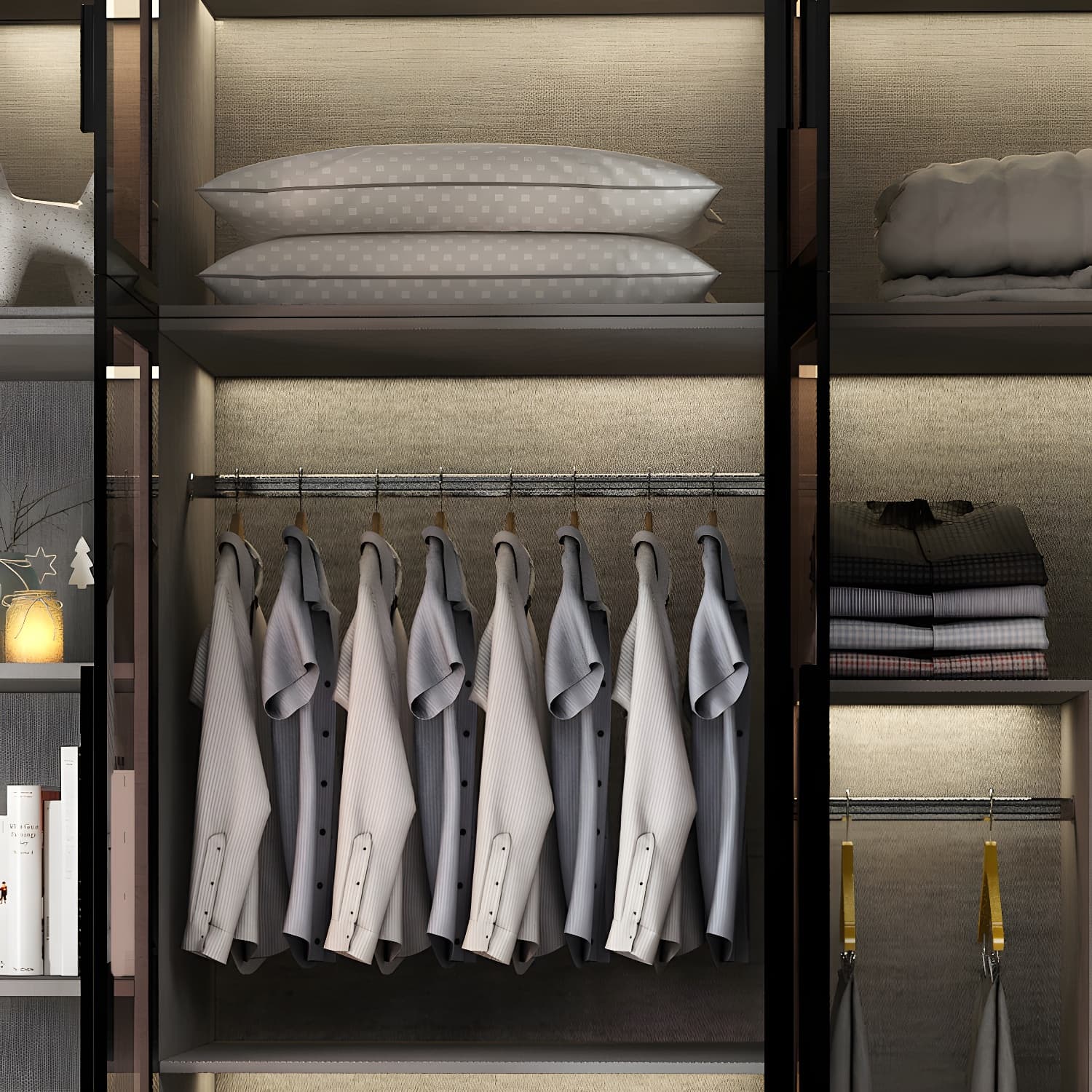 Modern Glass Hinged Doors Wardrobe Armoire Wood Frame Wardrobe with Shelves without Light thumbnail 6