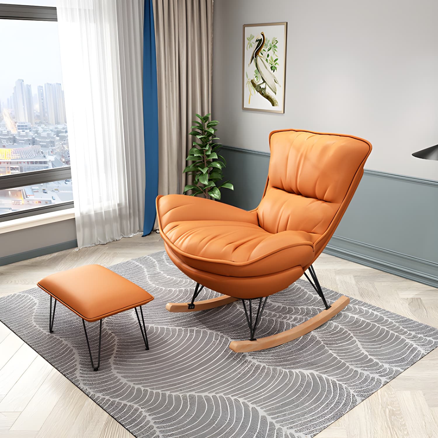 Stylish Modern Indoor Rocking Chair with Ottoman - Upholstered Seat and Natural Wood Legs thumbnail 6