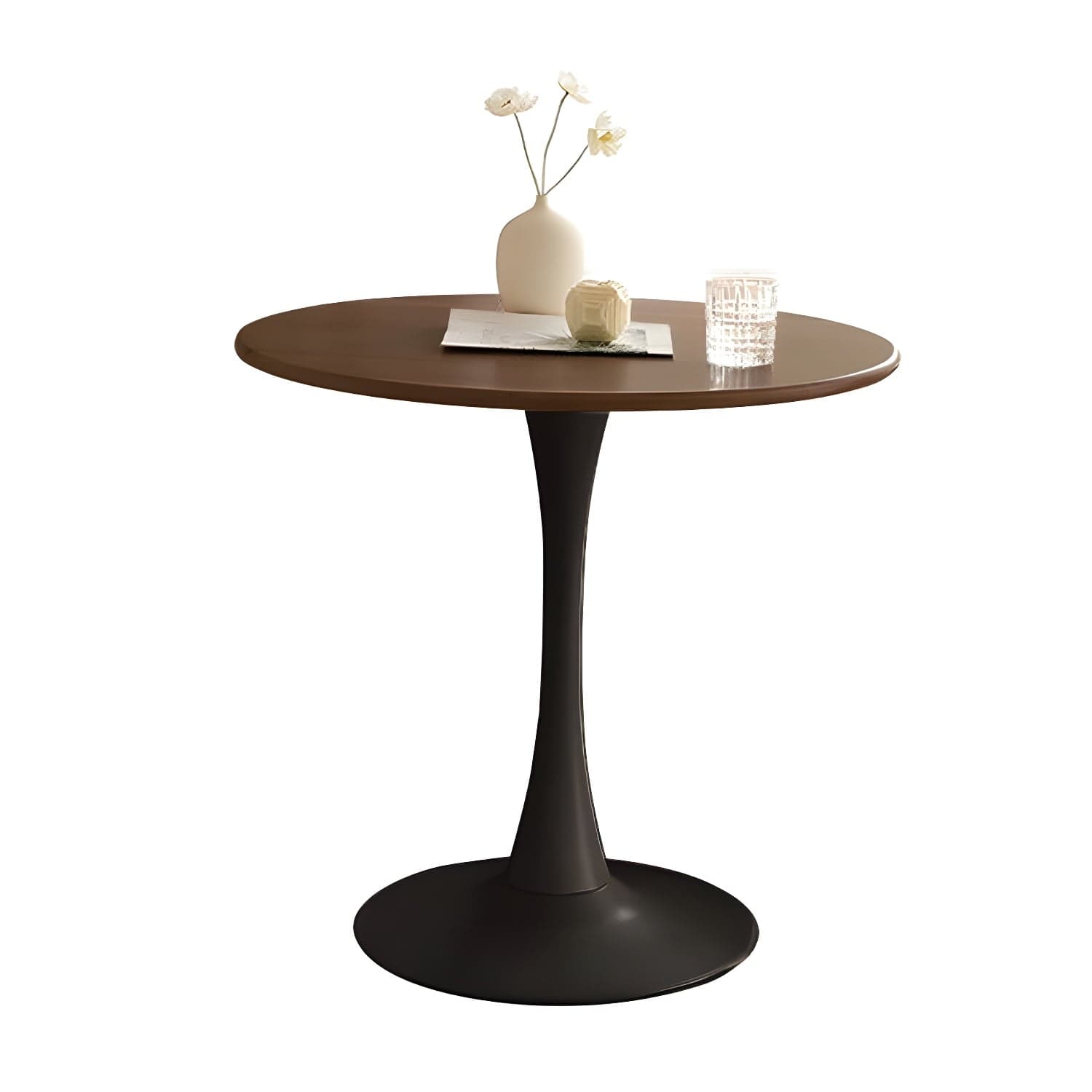 Chic Round Wood Dining Table with Medium Wood Tone and Sleek Steel Tulip Base thumbnail 3
