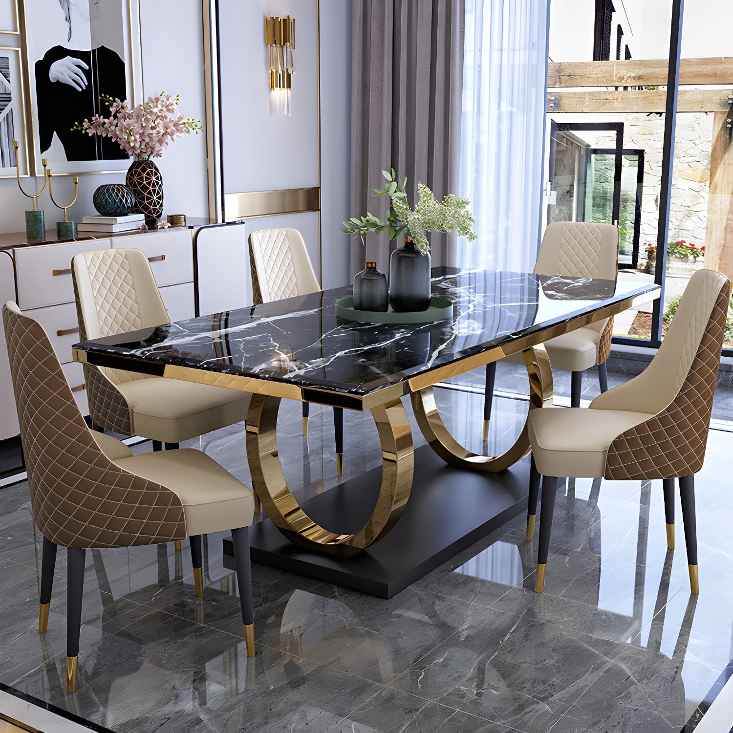 Modern 1/4/5/6/7 Pieces Black Dining Table Set with Marble Top Rectangle Dinette Set thumbnail 4