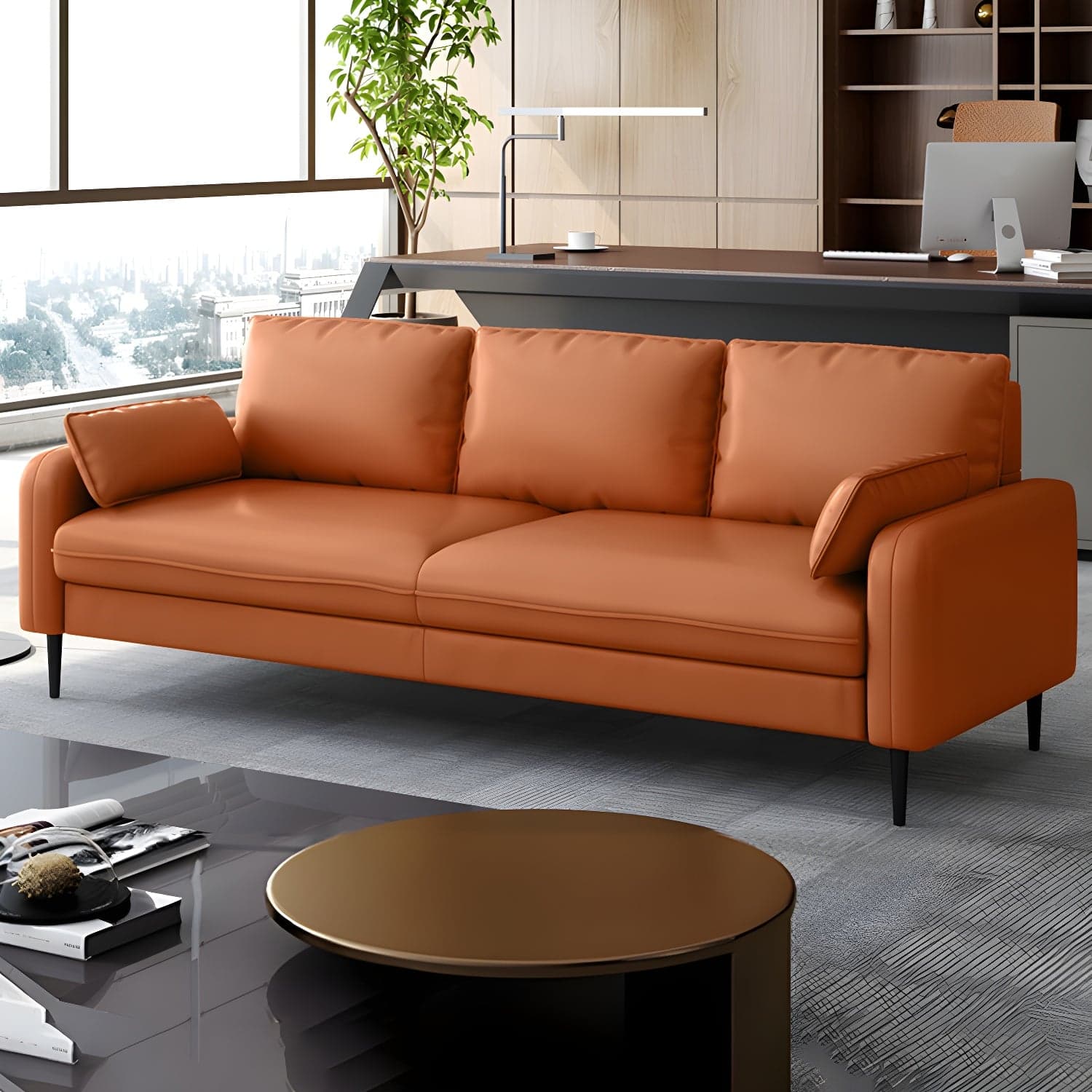 3-Seater Faux Leather Sofa Mid Century Loose Back Square Arm Settee thumbnail 3
