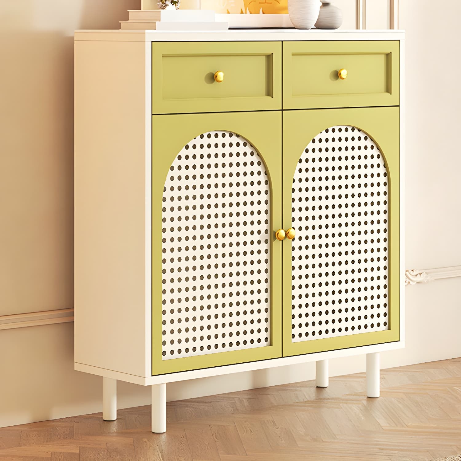 Rustic Wood Buffet Cabinet with Stone Countertop and Adjustable Shelves