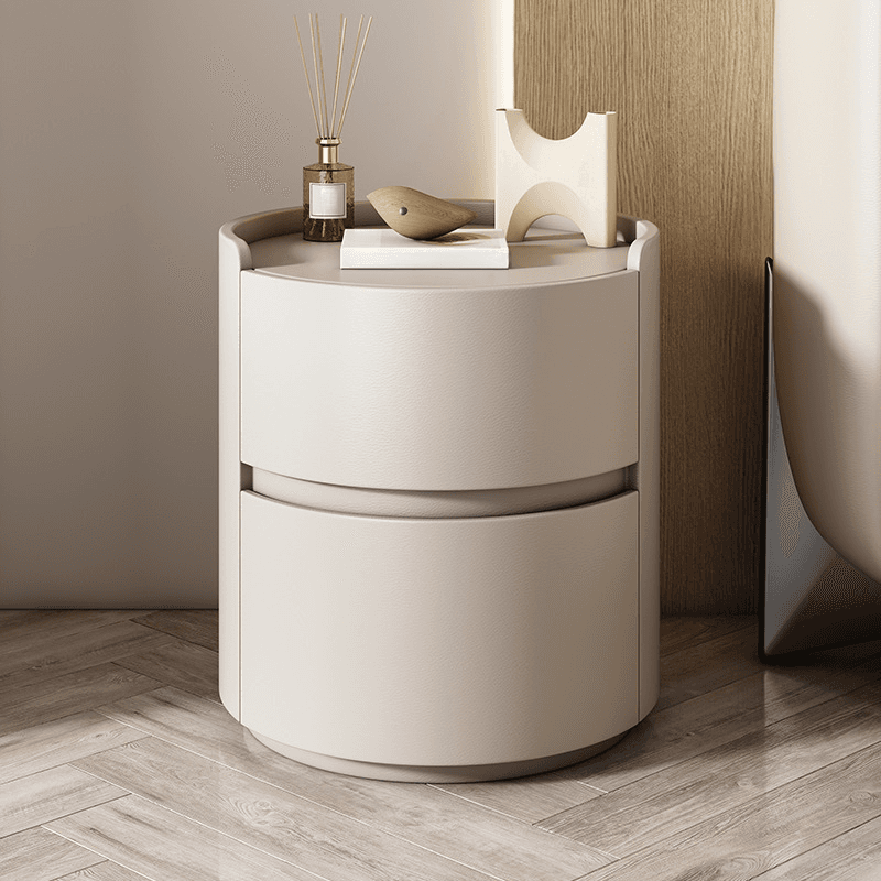Scandinavian Round Nightstand with 2 Drawers and Synthetic Leather Countertop thumbnail 11