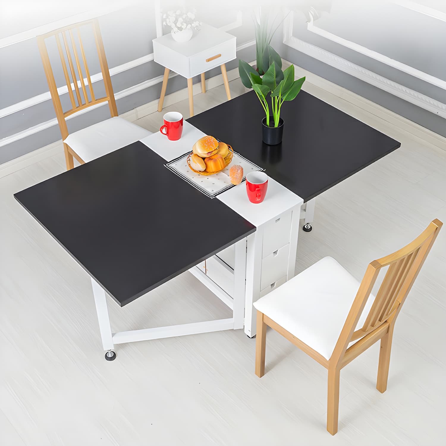 Modern Birch Wood Drop Leaf Rectangle Kitchen & Dining Table with Pedestal Base and Storage Included thumbnail 11