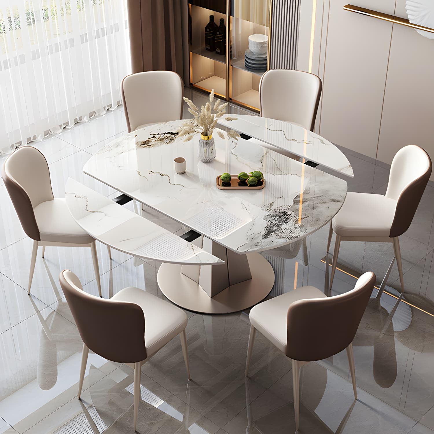 Round Metal Dining Set in White with Gold Pedestal Base and Self-Storing Leaf - 5 Piece Set thumbnail 5