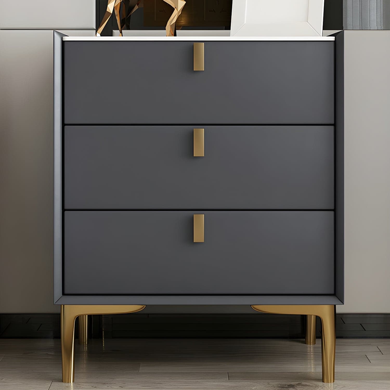 Glam Style Sintered Stone Top 3-Drawer Nightstand with Legs for Bedroom thumbnail 12