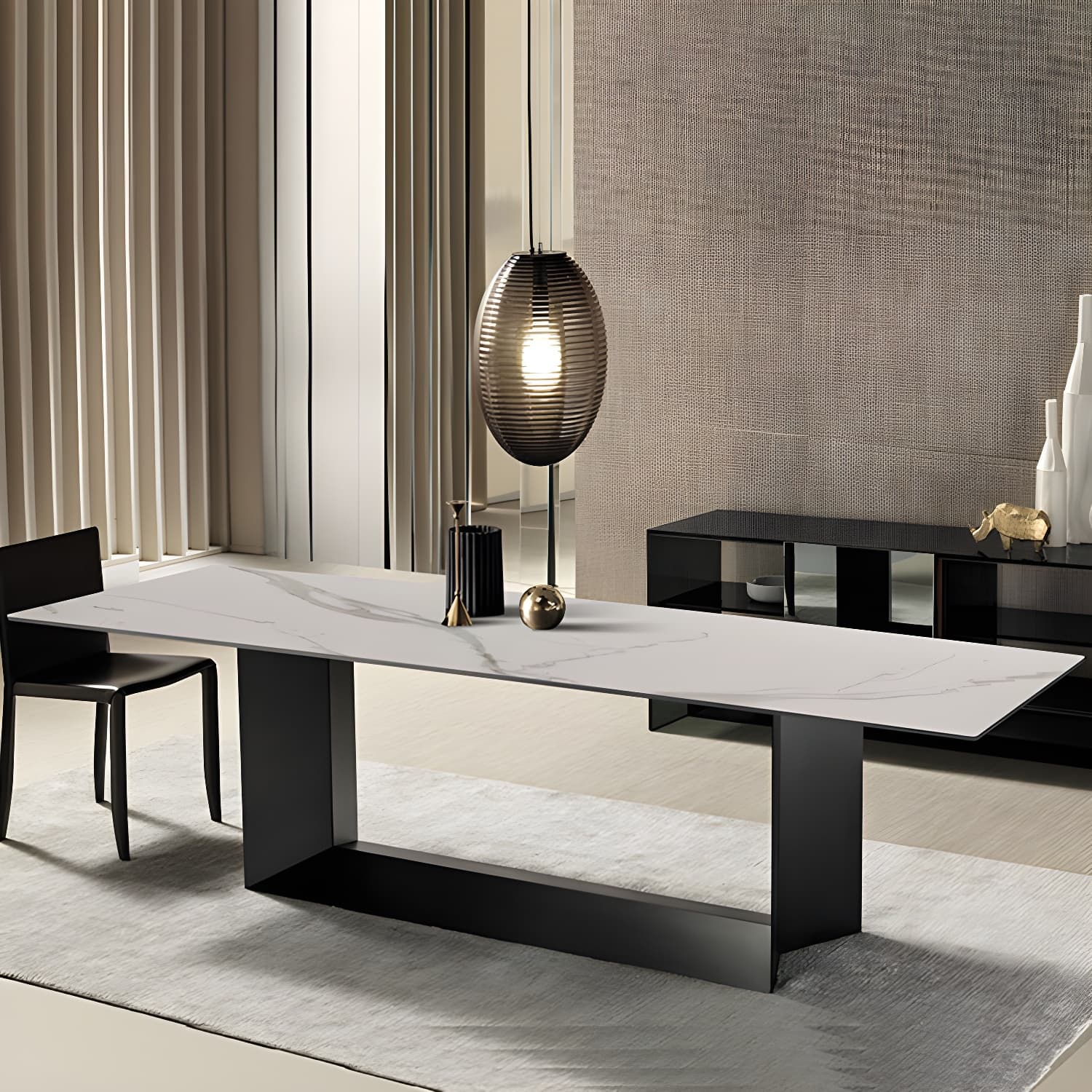 Rectangle Stone and Metal Dining table Modern Trestle Base Dining Table thumbnail 10