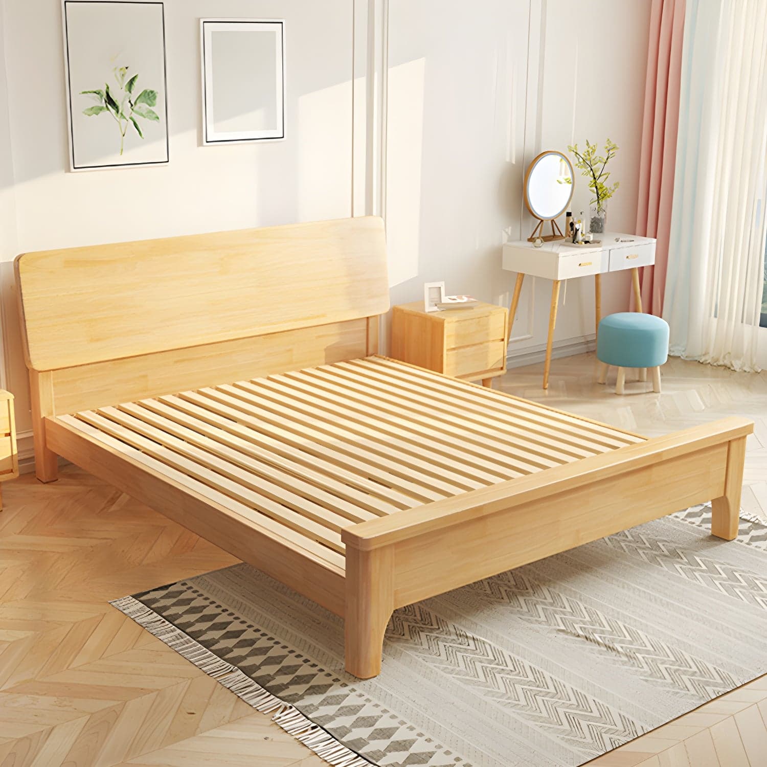 84.65 inch Wide Scandinavian Bed Frame Solid Wood Standard Bed with Headboard thumbnail 4