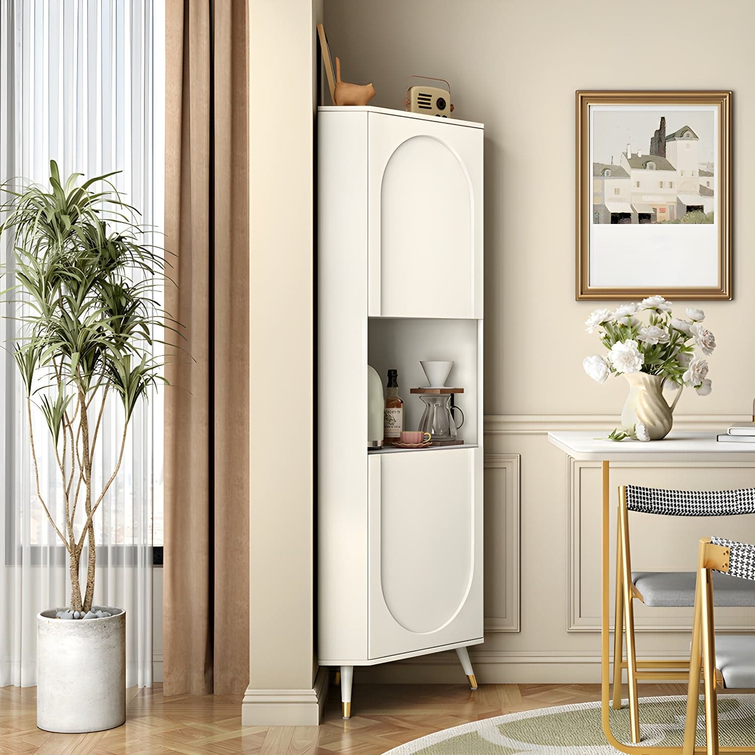 Modern White Corner Accent Cabinet with Stone Counter Top, 2 Cabinets, and 6 Shelves
