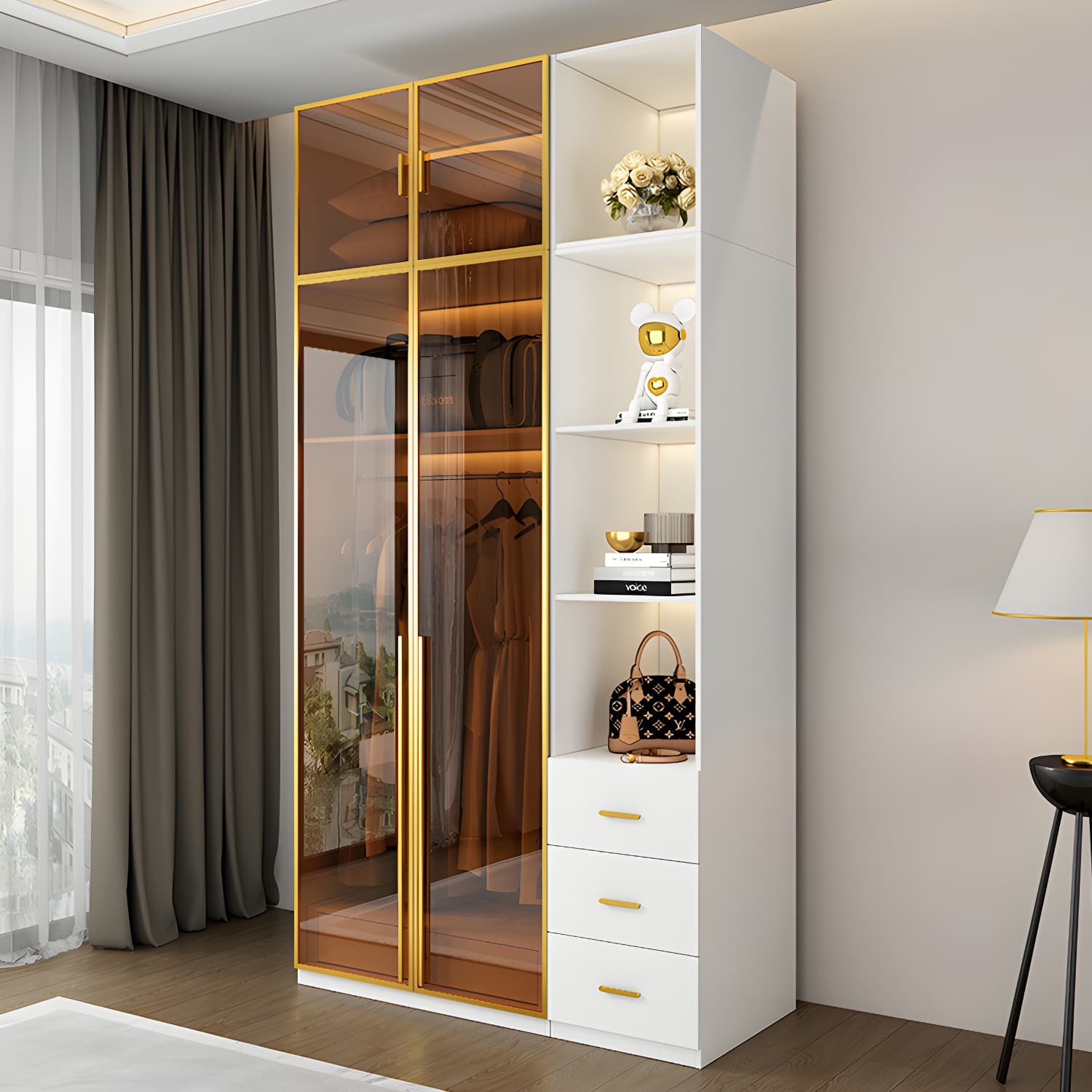 Modern White Wood Frame Wardrobe Armoire Freestanding Wardrobe with Soft Close Drawers thumbnail 2
