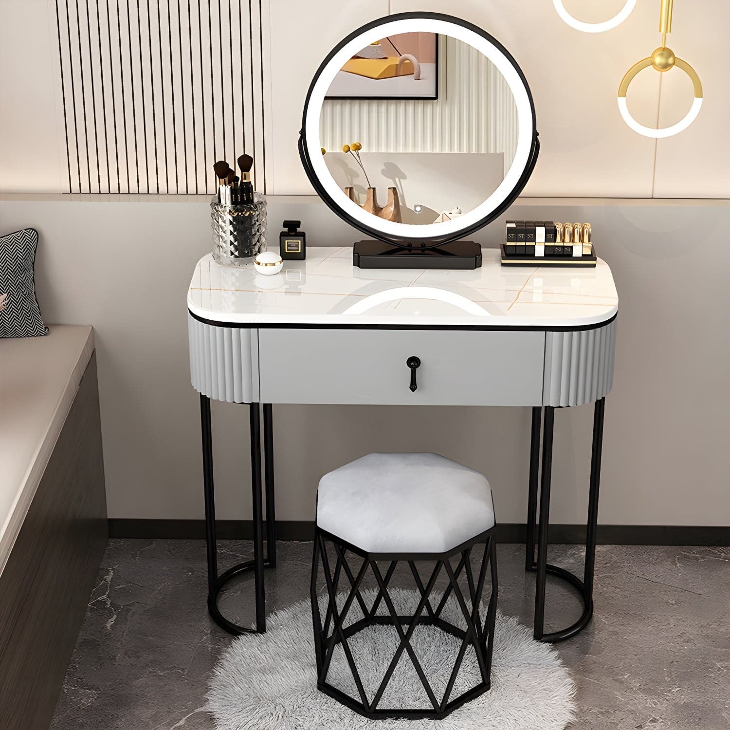 Lighted Mirror Makeup Vanity Storage Box Vanity Dressing Table for Bedroom thumbnail 4