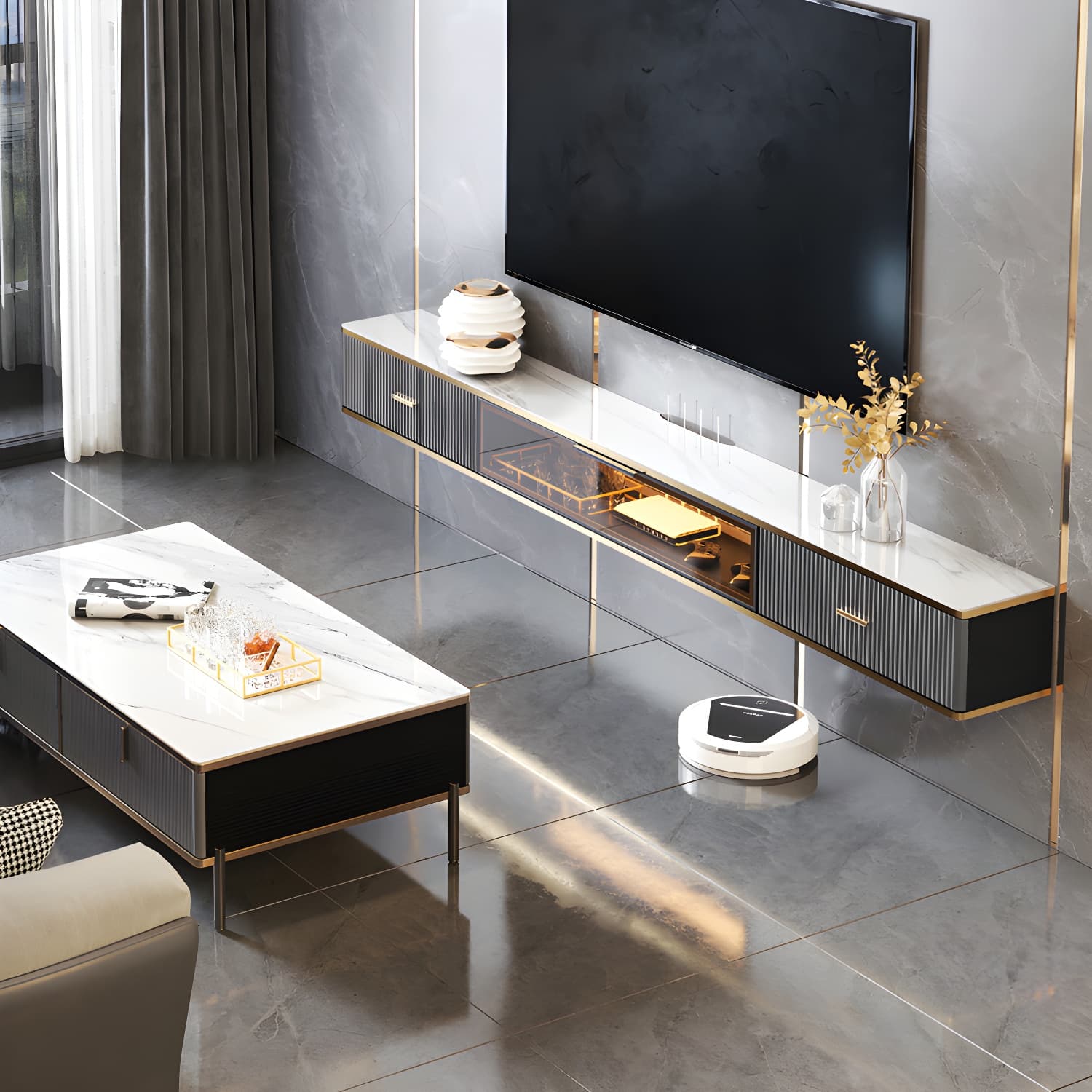 Glam Floating TV Media Stand with Drawers Stone and Wood TV Stand thumbnail 14